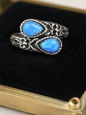 Blue Opal Style Adjustable Silver Tone Ring – Size 7 to 8